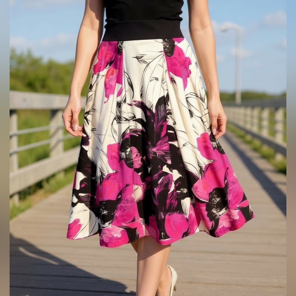 Molly Floral Pink and Black Midi Skirt